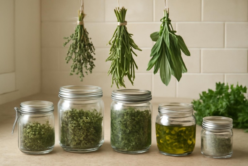 Small glass jars and herb bundles drying on a kitchen counter