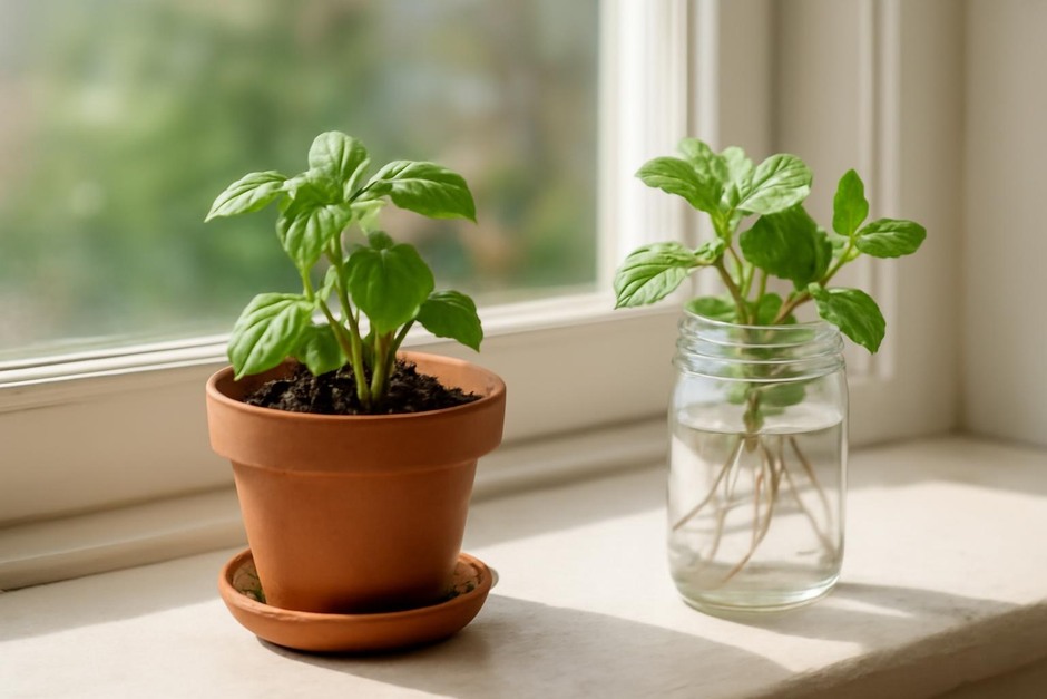 Two small herb containers on a sunny windowsill, one pot with soil and one jar with herbs rooted in water